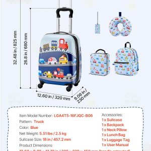 VEVOR Juego de equipaje para niños, 5 piezas, maleta con ruedas rígidas de 18 pulgadas con mochila y almohada en forma de U, juego de equipaje de mano para niños, regalo de cumpleaños de vacaciones para niñas y niños, aprobado por aerolíneas