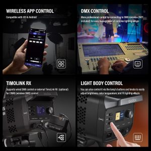 Godox Litemons LE300Bi COB luz de video LED, luz de salida continua bicolor Godox Bowens Mount de 315W con control DMX/Bluetooth APP, conexión NFC, 2800K~6500K, 58900Lux@1m, CRI/TLCI98, 11 efectos Fx