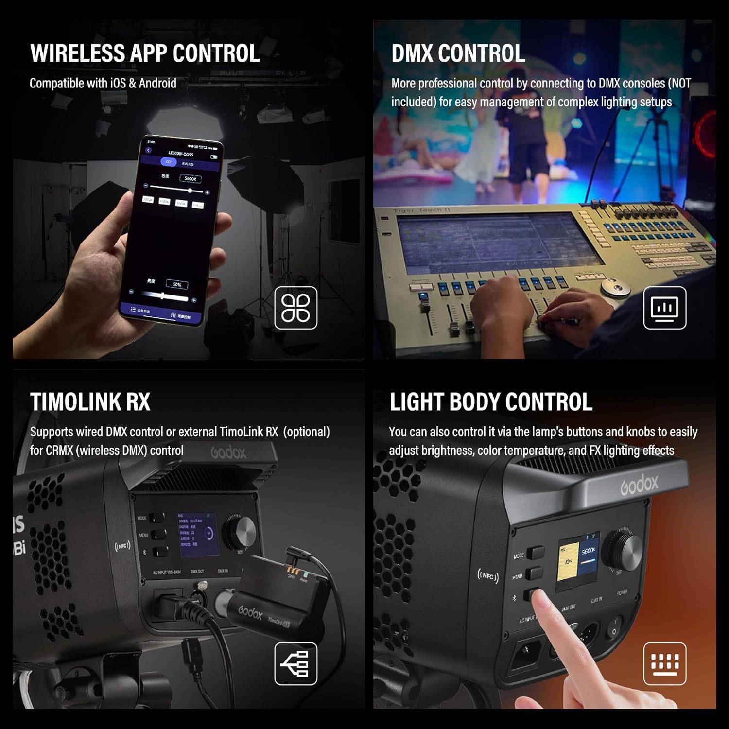 GODOX Godox Litemons LE300Bi - Kit de luz de video LE300Bi con soporte de luz Softbox, montaje Bowens, control de aplicación DMX/Bluetooth, conexión NFC, 2800K ~ 6500K, 58900Lux@3.3 ft, CRI/TLCI98, 11