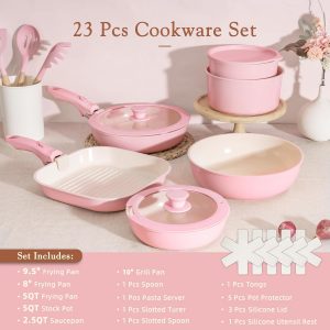 Astercook Juego de 23 ollas y sartenes antiadherentes, juego de utensilios de cocina de cerámica, mango desmontable, juego de cocina de autocaravana, asas extraíbles, apto para horno, listo para