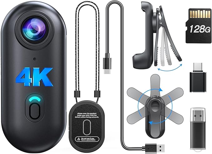 BOBLOV W4 4K Mini Body Camera,128G Wearable Camera with 360°Rotatable Clip & Magnetic Clip, Thumb Size, 96 Minutes for Recording, Easy to Use for Lecture, Traveling, Pet Walking and Outdoors