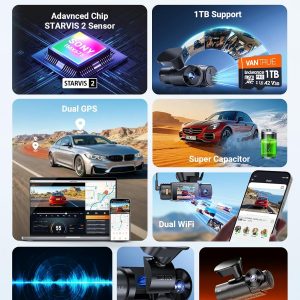 Vantrue Nueva cámara de tablero N4S de 3 canales, STARVIS 2 visión nocturna, cámara interior delantera trasera para automóviles, doble canal delantero y trasero, tecnología PlatePix™, modo de estacionamiento, Wi-Fi, GPS, IPS de 2 pulgadas, soporte de 1 TB (RC18)