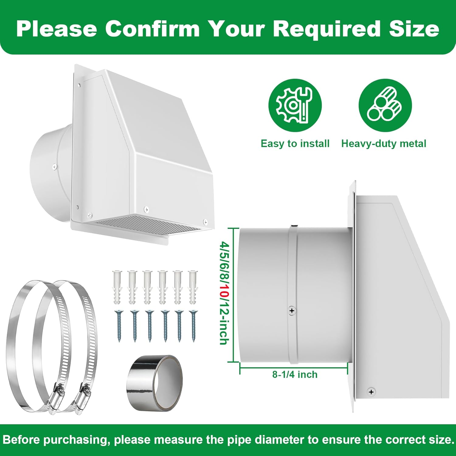 10 Inch Hooded Wall Vent with Screen and Damper, Stainless Steel Wall Vent Exhaust Vent Cover, Exhaust Exterior Air Vent Cover Cap for Kitchen Range Hood HVAC Duct Dryer Ventilation