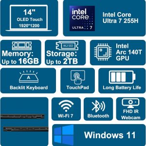 ASUS Zenbook 14 Creator portátil 14" WUXGA Lumina OLED táctil (500 nits HDR, 100% DCI-P3) Intel Ultra 7 255H de 16 núcleos (hasta 13 Tops) 16 GB de RAM SSD de 512 GB para trabajo de negocios Win11 ICP