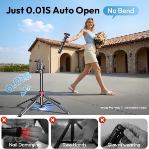 ULANZI 0.01s Auto Pop Open Phone Tripod with Remote, MT44B 59'' Selfie Stick Tripod w Dual Mount for Phone & Camera for Vlog/Live/Travel, Cell Phone Stand 360° Ball Head for iPhone 17Pro Max/Android