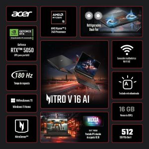 acer Nitro V 16 AI WUXGA (1920 x 1200) IPS 180Hz Gaming Laptop AI PC, procesador AMD Ryzen 5 240, NVIDIA GeForce RTX 5050 8GB GDDR7 VRAM, 16 GB de RAM, SSD de 512 GB, (16 pulgadas, R5, RTX5050)