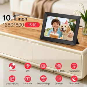 BIGASUO Marco de fotos digital, marco digital Frameo de 10.1 pulgadas con WiFi con memoria de 32 GB, pantalla táctil IPS de 1280 x 800, envía fotos/videos desde tu teléfono en cualquier lugar, regalos