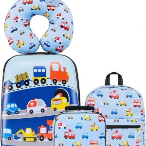 VEVOR Juego de equipaje para niños, 5 piezas, maleta con ruedas rígidas de 18 pulgadas con mochila y almohada en forma de U, juego de equipaje de mano para niños, regalo de cumpleaños de vacaciones para niñas y niños, aprobado por aerolíneas