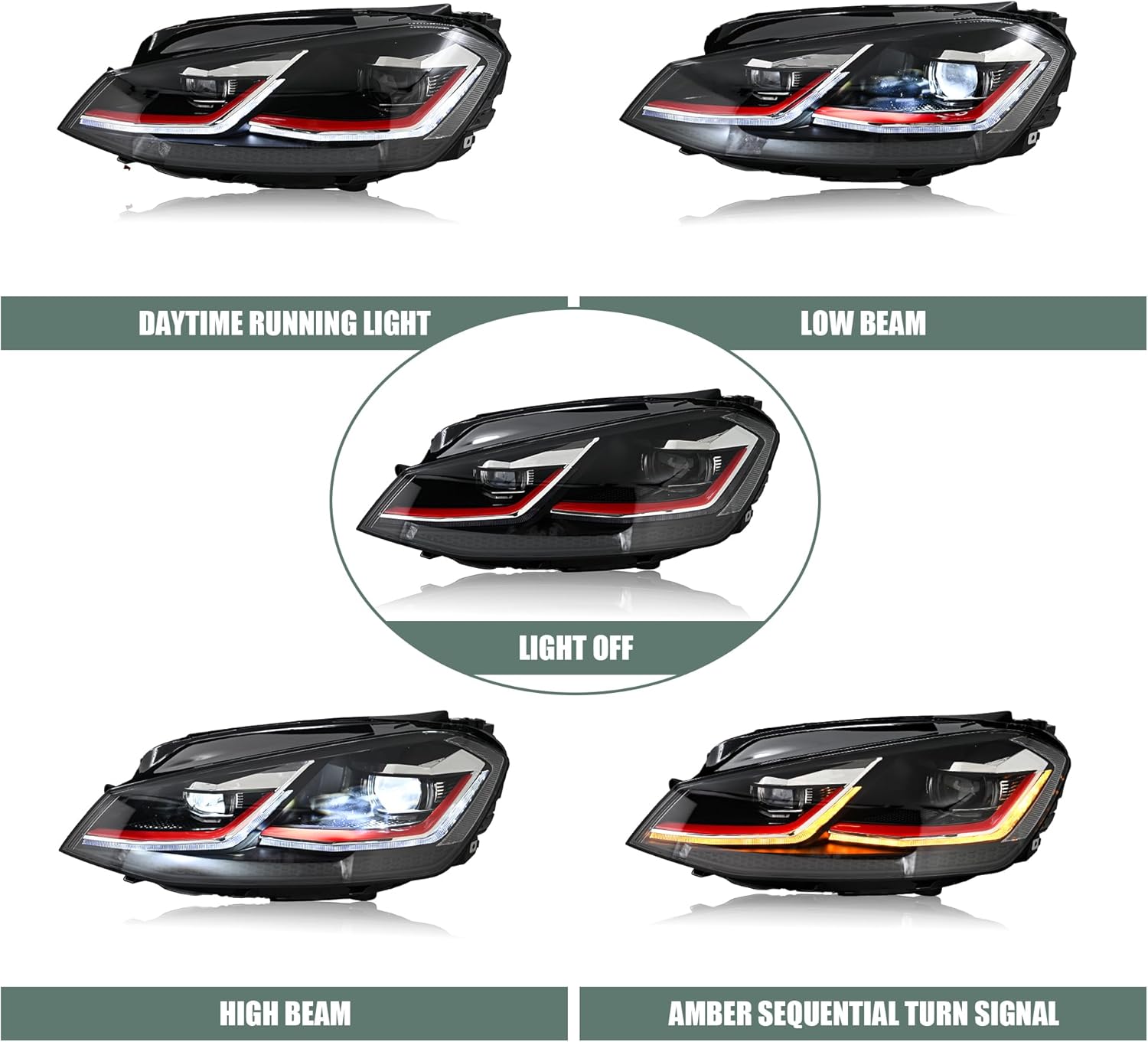 letsdate Projector Headlights For Golf7 MK7 Halogen TDI TSI GTD GTI Only 2015-2017, Red Line style(Let us Know if you need 10-hole to 14-hole adapters)