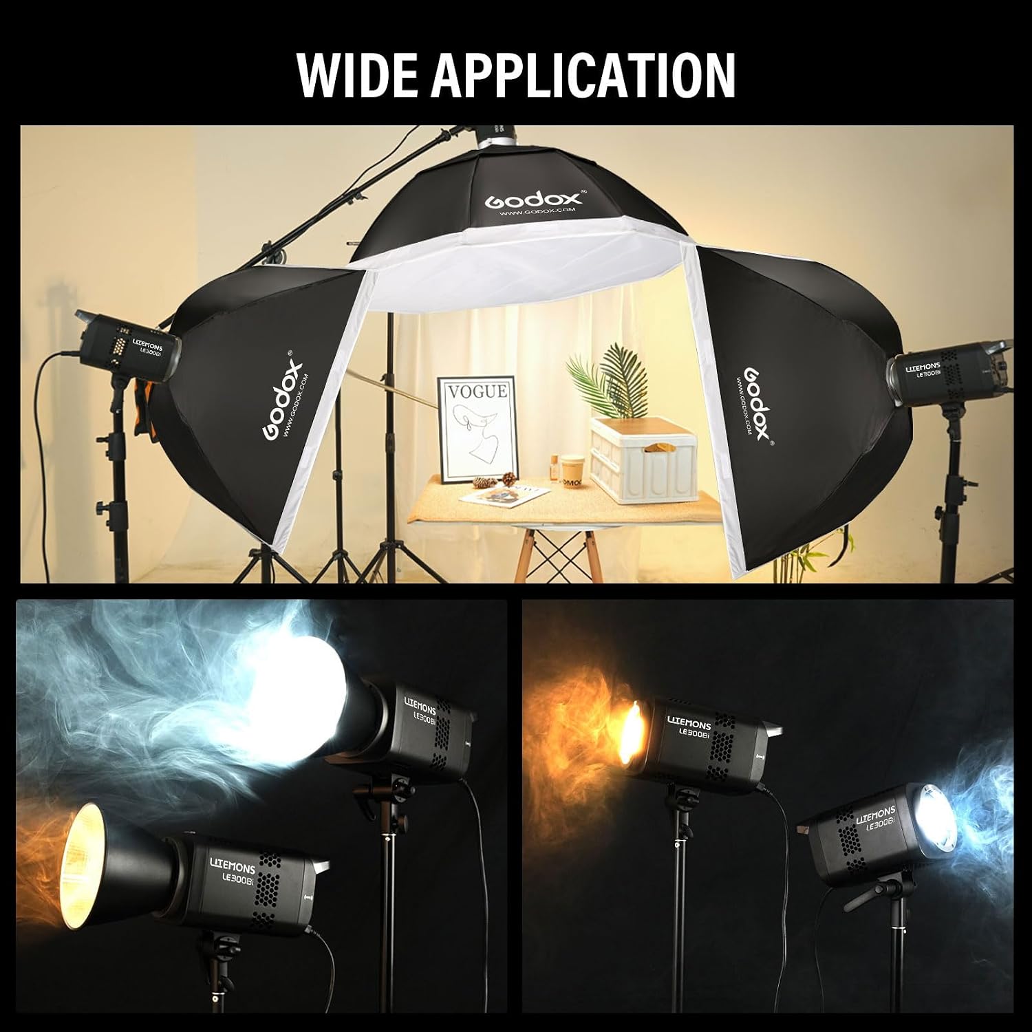 GODOX Godox Litemons LE300Bi - Kit de luz de video LE300Bi con soporte de luz Softbox, montaje Bowens, control de aplicación DMX/Bluetooth, conexión NFC, 2800K ~ 6500K, 58900Lux@3.3 ft, CRI/TLCI98, 11