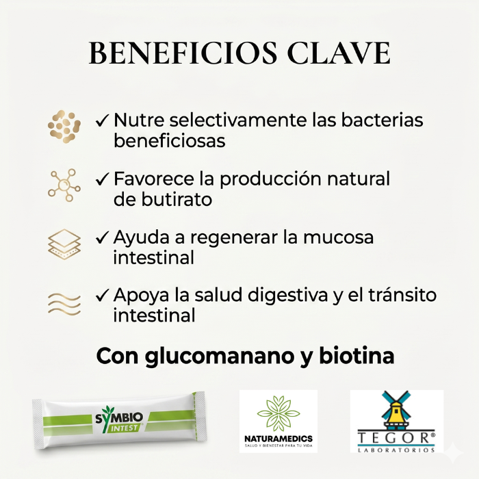 🌾 Prebiótico Avanzado SymbioIntest® Pack de 10 Sobres(Digestión · Desinflamación · Regeneración · Mucosa Intestinal)⭐ Innovadora fórmula de prebiótico puro rica en fibra dietética soluble, diseñada especialmente para nutrir el colon de forma selectiva y estabilizar la microbiota.
