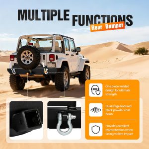 ALMULOO Rear Bumper Assembly Compatible With 1987-2006 Wrangler TJ YJ LJ All Models W/Tire Carrier&D-Rings Steel Powder Coated+Textured Black