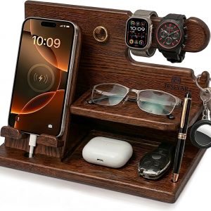 TESLYAR Estación de acoplamiento de teléfono de madera para hombres - Organizador de escritorio o mesita de noche - Regalos de cumpleaños para esposo, papá - Idea de aniversario de la esposa - Soporte