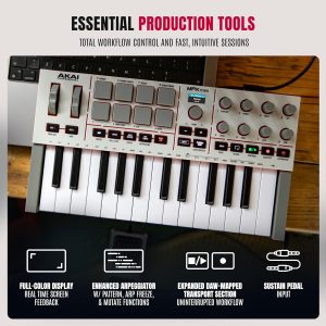 Akai Professional MPK Mini IV USB-C MIDI Controlador de teclado para principiantes y productores - Almohadillas de batería MPC, perillas de 360°, ruedas de paso y mod, software de producción, paquete de sonido de instrumentos nativos, gris