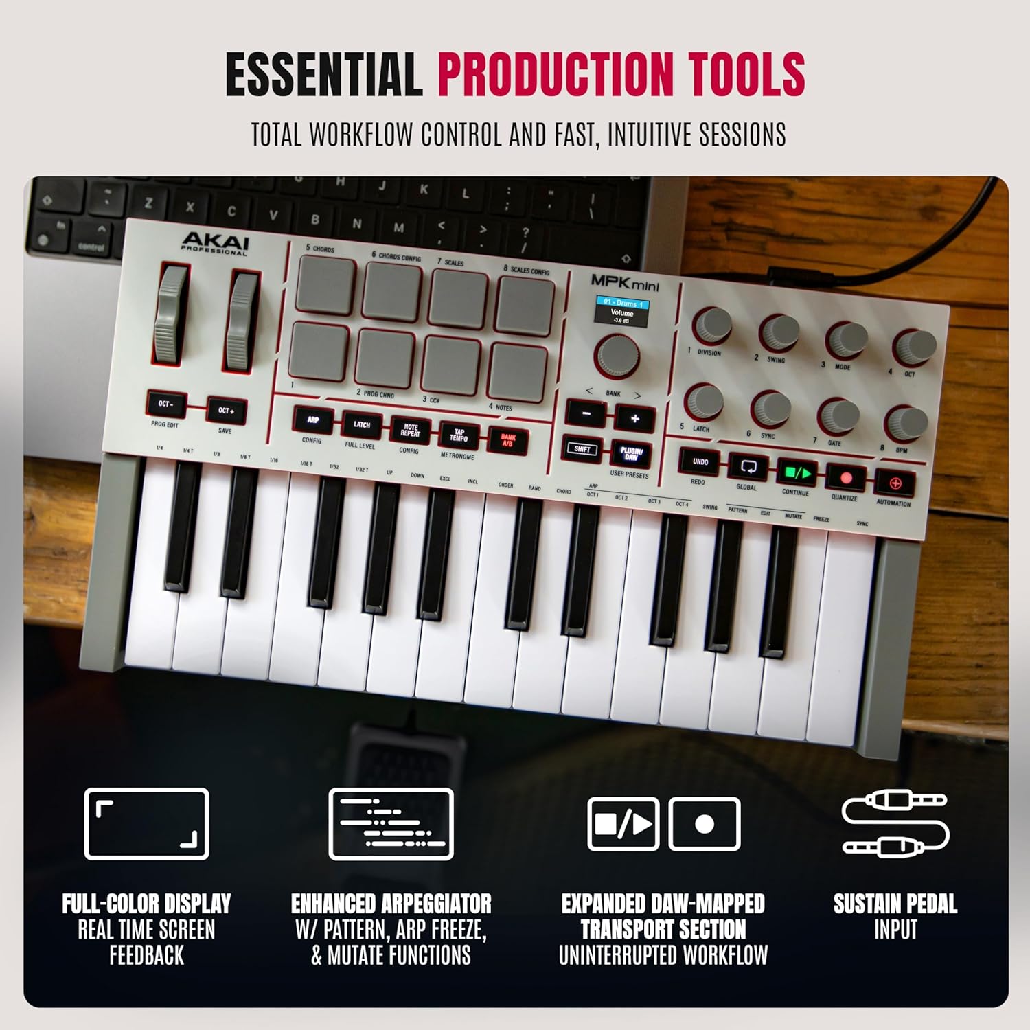 Akai Professional MPK Mini IV USB-C MIDI Controlador de teclado para principiantes y productores - Almohadillas de batería MPC, perillas de 360°, ruedas de paso y mod, software de producción, paquete de sonido de instrumentos nativos, gris