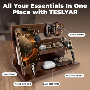 TESLYAR Estación de acoplamiento de teléfono de madera para hombres - Organizador de escritorio o mesita de noche - Regalos de cumpleaños para esposo, papá - Idea de aniversario de la esposa - Soporte