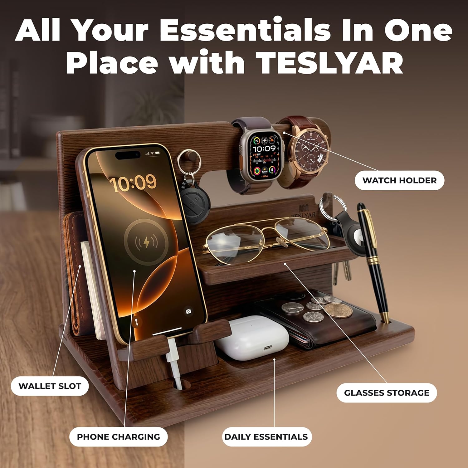 TESLYAR Estación de acoplamiento de teléfono de madera para hombres - Organizador de escritorio o mesita de noche - Regalos de cumpleaños para esposo, papá - Idea de aniversario de la esposa - Soporte