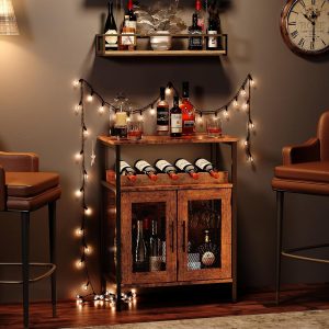 X-cosrack Armario para bar de vinos con estante desmontable para vinos, barra de café con soporte para vidrio, aparador pequeño y gabinete de buffet con puerta de malla, marrón rústico (patente
