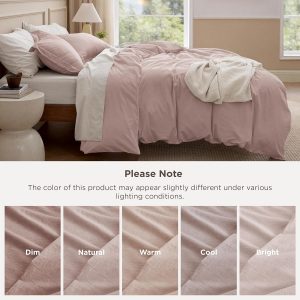 Bedsure Funda de Edredón de Algodón 100% Lavado Tamaño Queen - Funda de Edredón de Algodón Minimalista Rosa Pétalo Tipo Lino para Todas las Estaciones - Ropa de Cama Lisa Simple GentleSoft™ (Rosa