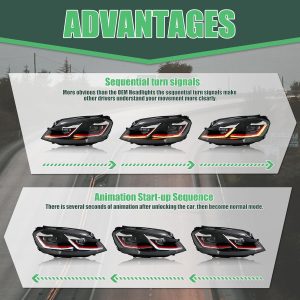 letsdate Projector Headlights For Golf7 MK7 Halogen TDI TSI GTD GTI Only 2015-2017, Red Line style(Let us Know if you need 10-hole to 14-hole adapters)