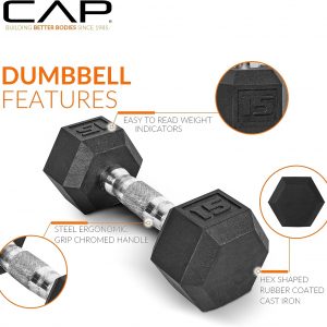 CAP Juego de mancuernas hexagonales con revestimiento de goma con estante de almacenamiento, opciones de 100 a 210 libras, almacenamiento compacto vertical que ahorra espacio para entrenamiento de fuerza en el gimnasio en casa