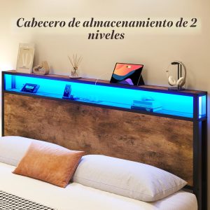Lifezone Base de cama Queen con cabecera de almacenamiento de 2 niveles, base de cama de plataforma de metal con 4 cajones de almacenamiento, estación de carga integrada y LED, sin ruido, soporte de