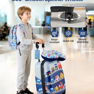 VEVOR Juego de equipaje para niños, 5 piezas, maleta con ruedas rígidas de 18 pulgadas con mochila y almohada en forma de U, juego de equipaje de mano para niños, regalo de cumpleaños de vacaciones para niñas y niños, aprobado por aerolíneas