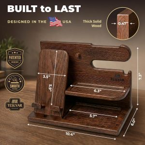 TESLYAR Estación de acoplamiento de teléfono de madera para hombres - Organizador de escritorio o mesita de noche - Regalos de cumpleaños para esposo, papá - Idea de aniversario de la esposa - Soporte