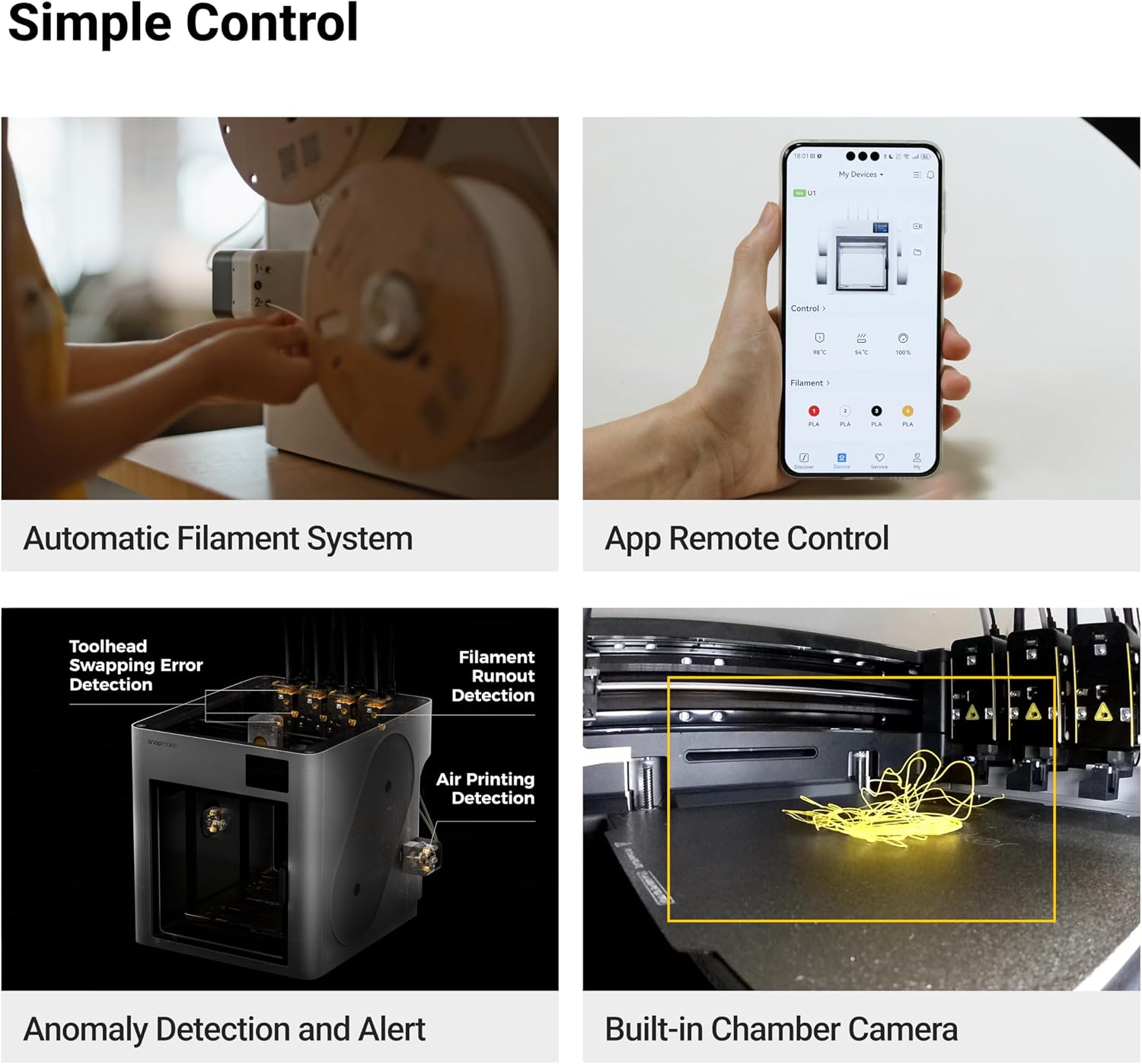 Snapmaker Impresora 3D U1 multicolor, 4 cabezales de herramientas con cambio de herramienta de 5 segundos, impresión multicolor con 5 veces más velocidad y 5 veces menos residuos, calibración