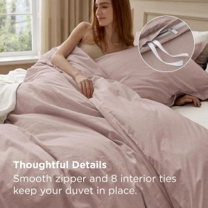 Bedsure Funda de Edredón de Algodón 100% Lavado Tamaño Queen - Funda de Edredón de Algodón Minimalista Rosa Pétalo Tipo Lino para Todas las Estaciones - Ropa de Cama Lisa Simple GentleSoft™ (Rosa