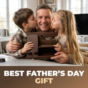 TESLYAR Estación de acoplamiento de teléfono de madera para hombres - Organizador de escritorio o mesita de noche - Regalos de cumpleaños para esposo, papá - Idea de aniversario de la esposa - Soporte