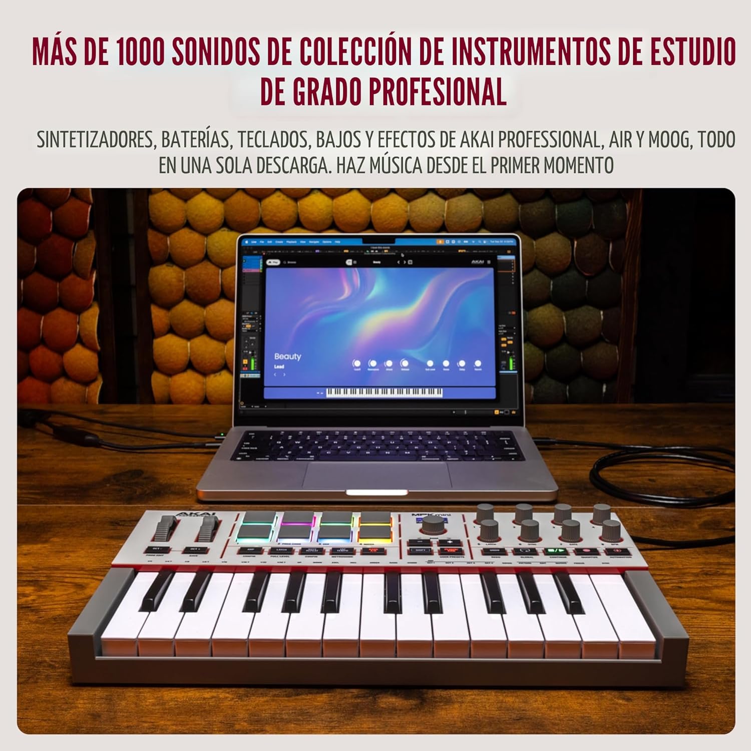 Akai Professional MPK Mini IV USB-C MIDI Controlador de teclado para principiantes y productores - Almohadillas de batería MPC, perillas de 360°, ruedas de paso y mod, software de producción, paquete de sonido de instrumentos nativos, gris