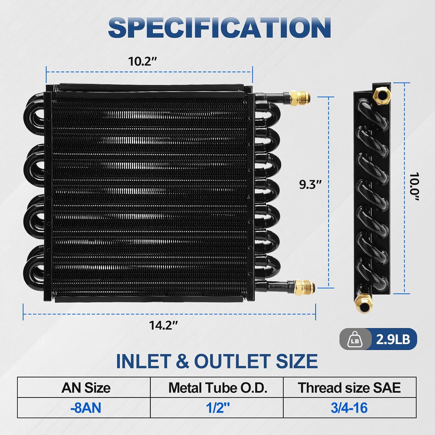 Enfriador de transmisión de 16 pasos de 1/2", enfriador de tubos y aletas de 8AN de 16 hileras, compresor de aire, enfriador posterior, compatible con líneas de enfriador de transmisión de 1/2