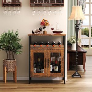 X-cosrack Armario para bar de vinos con estante desmontable para vinos, barra de café con soporte para vidrio, aparador pequeño y gabinete de buffet con puerta de malla, marrón rústico (patente