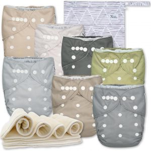 Nora's Nursery Cloth Diapers 7 Pack with 7 Inserts & 1 Wet Bag - Waterproof Cover, Washable, Reusable & One Size Adjustable Pocket Diapers for Newborns and Toddlers - Sand and Stone