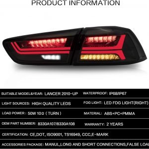 VLAND Tail lights Assembly Fit for Mitsubishi Lancer & EVO X 2008-2021(Not for Sportbacks/fortis/io), Rear Lamp with Starup Animation, DRL, Back light w/Fog Lights & Sequential Turn Signal, Smoked