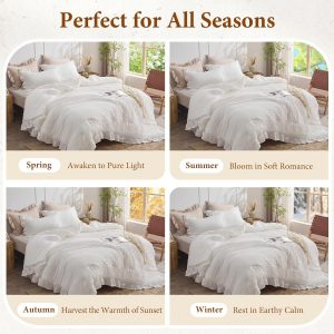 JOLLYVOGUE White Comforter Full Size, 3 Pieces Seersucker Lightweight Full Size Bedding, All Season Fluffy Microfiber Bedding Comforter Set with 1 Ruffle Comforter and 2 Ruffle Pillowshams