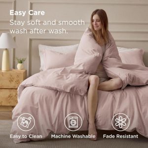 Bedsure Funda de Edredón de Algodón 100% Lavado Tamaño Queen - Funda de Edredón de Algodón Minimalista Rosa Pétalo Tipo Lino para Todas las Estaciones - Ropa de Cama Lisa Simple GentleSoft™ (Rosa