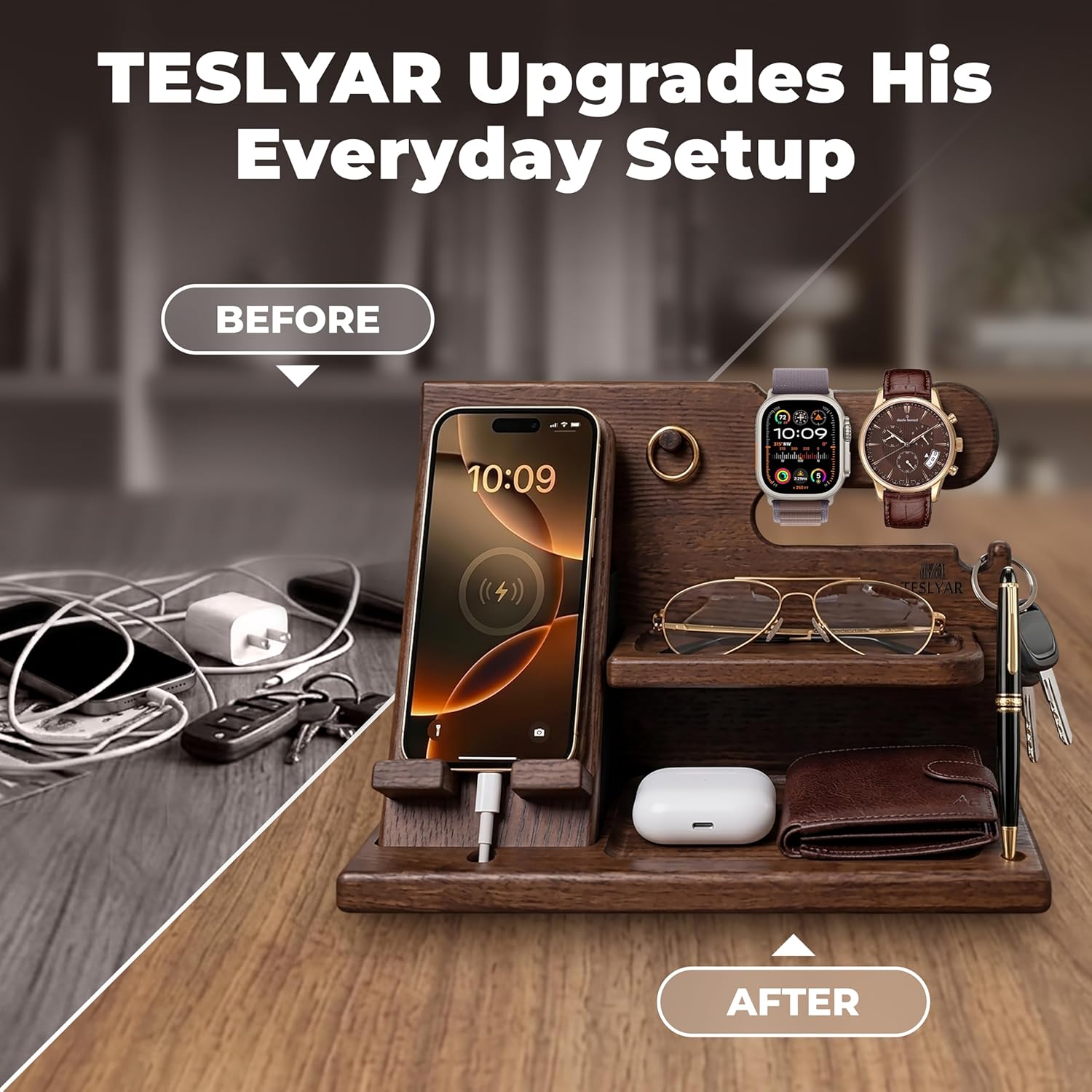 TESLYAR Estación de acoplamiento de teléfono de madera para hombres - Organizador de escritorio o mesita de noche - Regalos de cumpleaños para esposo, papá - Idea de aniversario de la esposa - Soporte