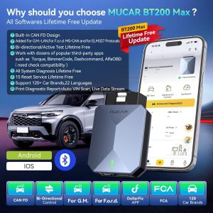 MUCAR Actualización de por vida Bluetooth del escáner OBD2 asistido por AI, BT200 MAX compatible con ELM327, todos los sistemas OBD2 herramienta de diagnóstico con 15 reinicios para iOS y Android, protocolo CANFD, Autoauth para FCA SGW