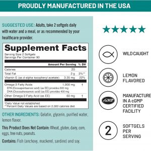 NatureWise Suplemento de Aceite de Pescado Omega 3 Extra Fuerte – 1000 mg por Porción – 600 EPA y 400 DHA y Vitamina E – Apoyo para la Salud del Corazón y el Cerebro – Sabor a Limón, sin GMO – 180