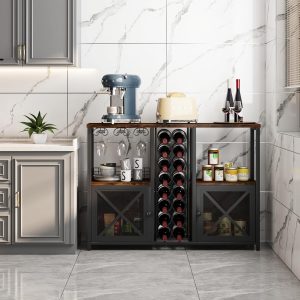 Homeiju Mini Bares para el Hogar, Gabinete de Bar de Café de Madera, Gabinete Moderno de Licores para Licores y Copas, Gabinete de Vino Buffet Estilo Granja con Aparador de Almacenamiento para Hogar