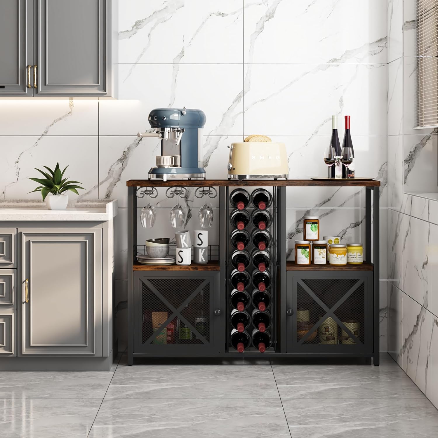 Homeiju Mini Bares para el Hogar, Gabinete de Bar de Café de Madera, Gabinete Moderno de Licores para Licores y Copas, Gabinete de Vino Buffet Estilo Granja con Aparador de Almacenamiento para Hogar
