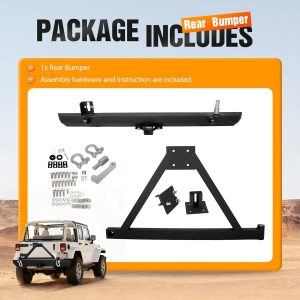 ALMULOO Rear Bumper Assembly Compatible With 1987-2006 Wrangler TJ YJ LJ All Models W/Tire Carrier&D-Rings Steel Powder Coated+Textured Black