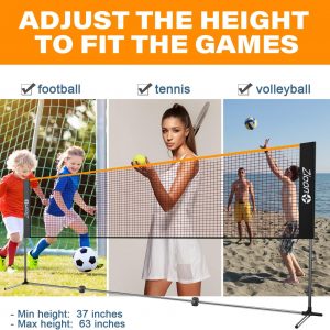 Portable Tennis Net,Stainless Steel Poles Badminton Net Set Adjustable Height Nylon Net with Carry Bag, for Kids Volleyball, Pickleball,Soccer, Indoor, Outdoor Court, Backyard, Beach, Driveway