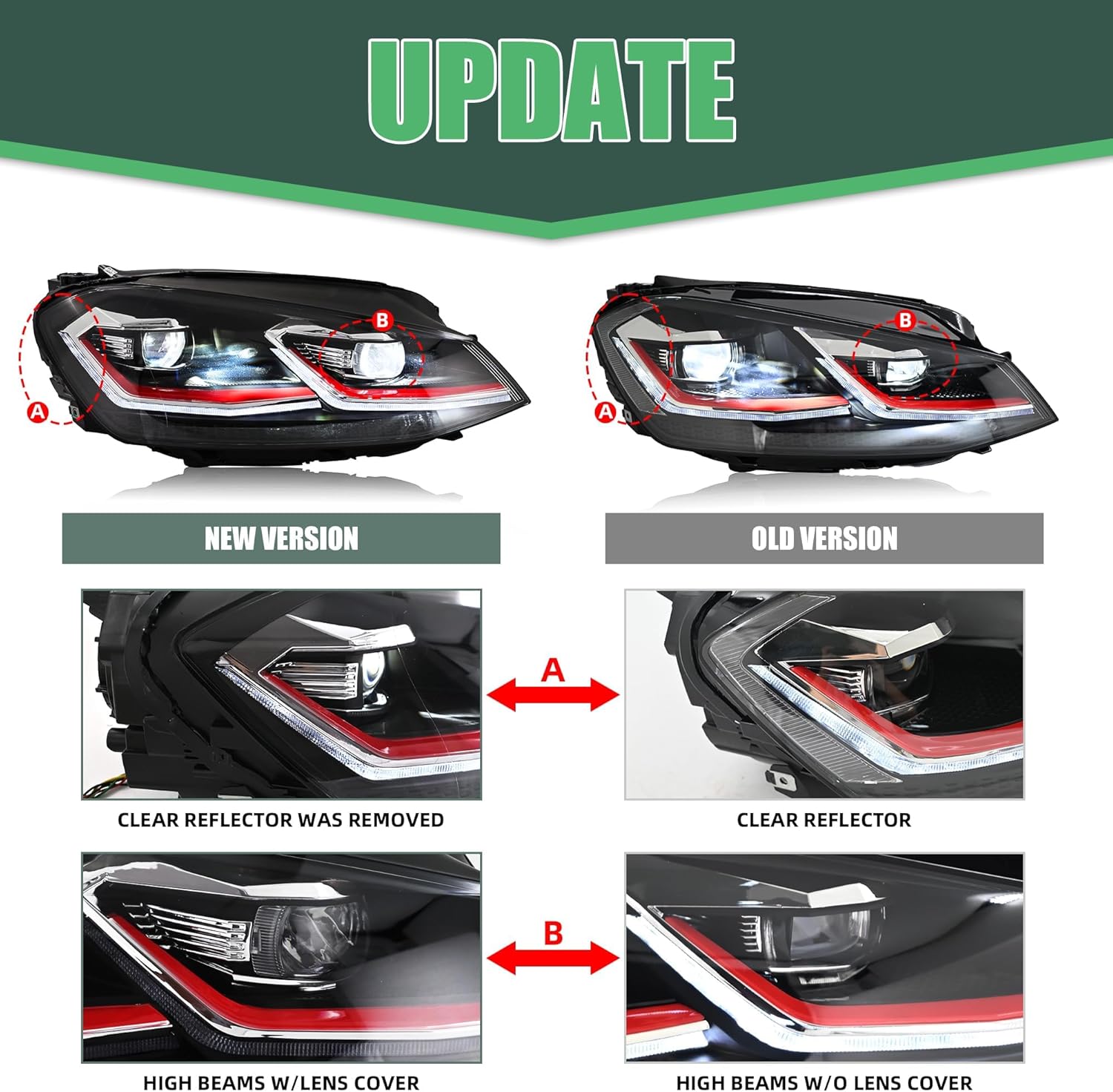 letsdate Projector Headlights For Golf7 MK7 Halogen TDI TSI GTD GTI Only 2015-2017, Red Line style(Let us Know if you need 10-hole to 14-hole adapters)