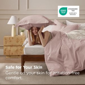 Bedsure Funda de Edredón de Algodón 100% Lavado Tamaño Queen - Funda de Edredón de Algodón Minimalista Rosa Pétalo Tipo Lino para Todas las Estaciones - Ropa de Cama Lisa Simple GentleSoft™ (Rosa