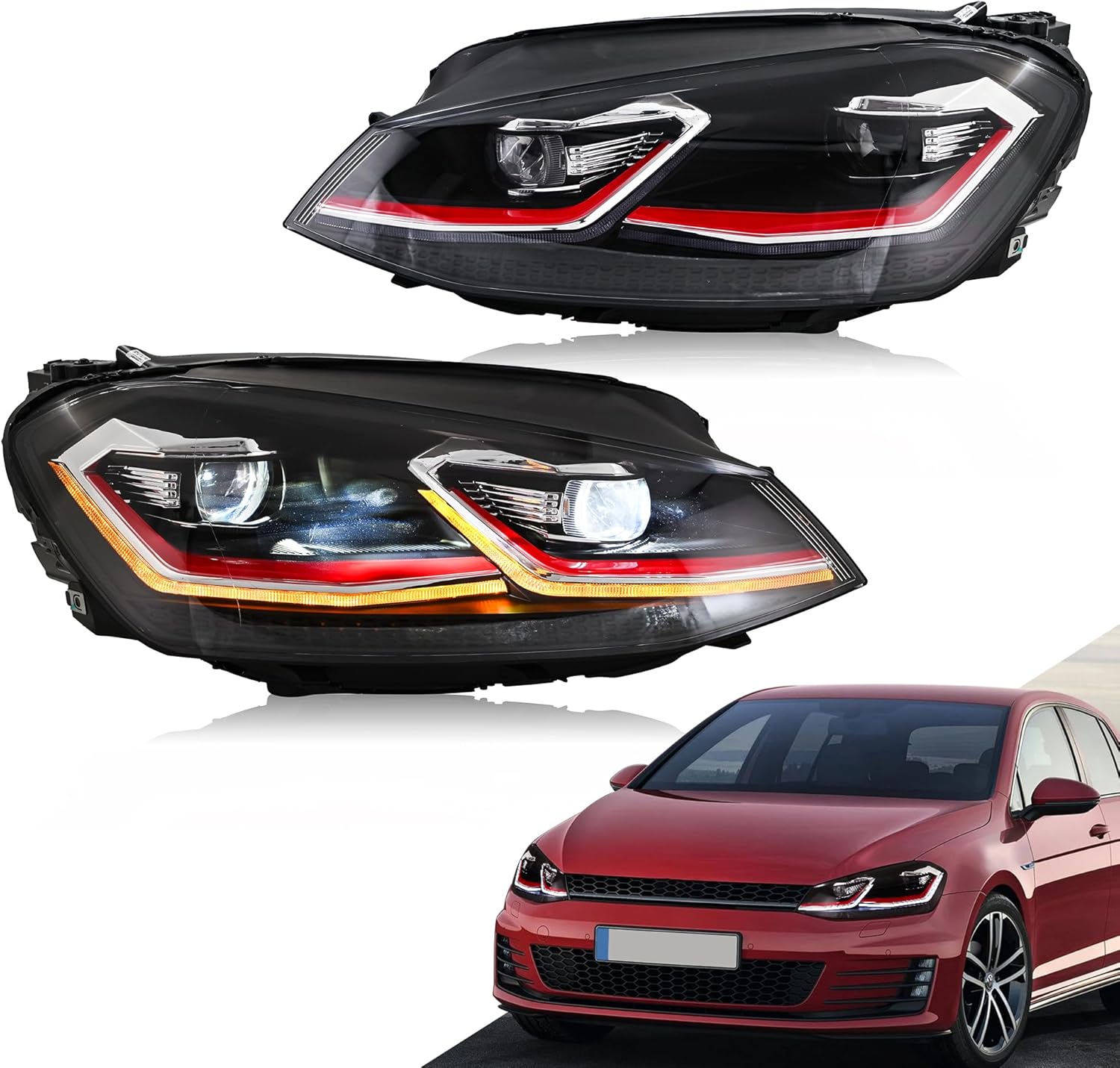 letsdate Projector Headlights For Golf7 MK7 Halogen TDI TSI GTD GTI Only 2015-2017, Red Line style(Let us Know if you need 10-hole to 14-hole adapters)
