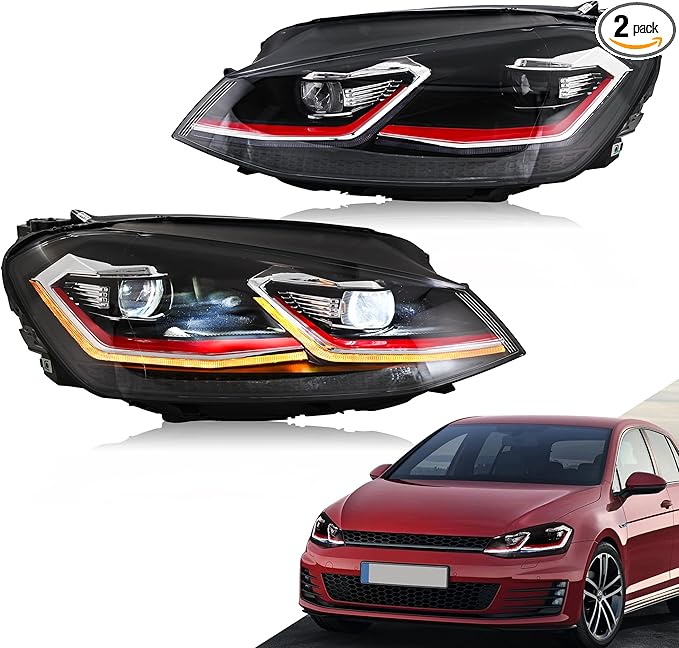letsdate Projector Headlights For Golf7 MK7 Halogen TDI TSI GTD GTI Only 2015-2017, Red Line style(Let us Know if you need 10-hole to 14-hole adapters)