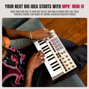 Akai Professional MPK Mini IV USB-C MIDI Controlador de teclado para principiantes y productores - Almohadillas de batería MPC, perillas de 360°, ruedas de paso y mod, software de producción, paquete de sonido de instrumentos nativos, gris